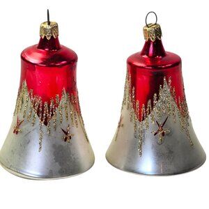 Vintage Bells Ornament Red Silver Blown Glass Christmas West Germany Glitter